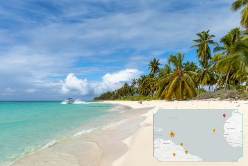 Ein tropischer Strand mit feinem weißen Sand, türkisblauem Wasser und zahlreichen hohen Palmen am Ufer. Ein Motorboot fährt nahe am Strand und wirbelt eine kleine Wasserwelle auf. In der unteren rechten Ecke ist eine kleine Karte eingeblendet, welche die Route der Kreuzfahrt in der Karibik anzeigt.